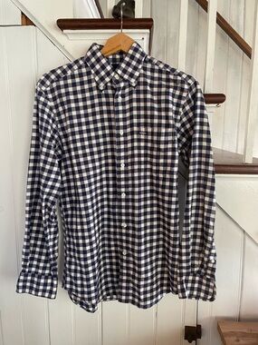 Faconnable Navy and White Gingham Button-Down Shirt